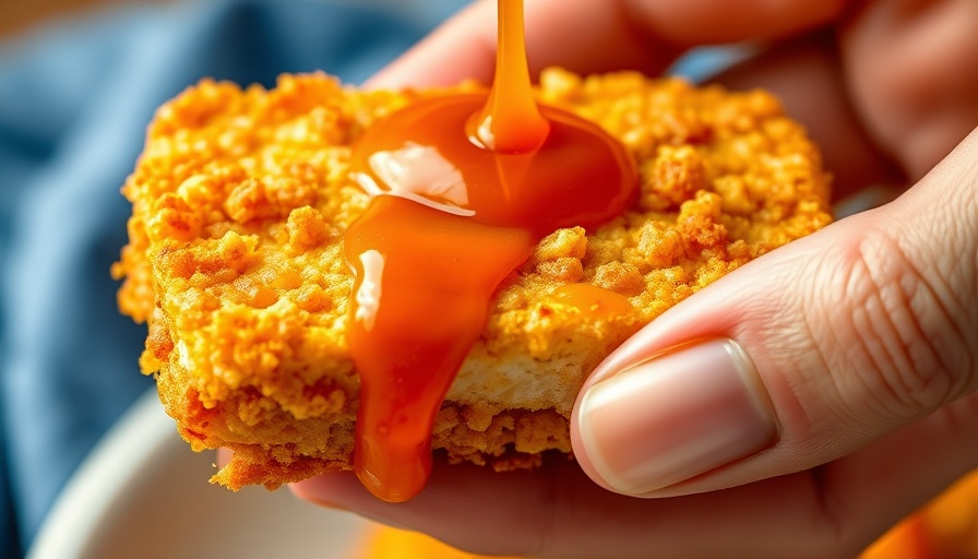Cornflake-crusted tofu drizzled with spicy orange sauce.