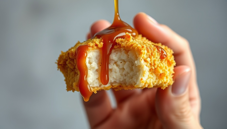 Close-up of cornflake-crusted tofu tenders with orange sauce.