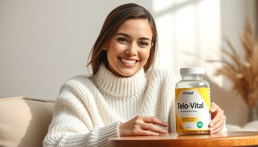 Telo-Vital for Holistic Wellness supplement with smiling woman in cozy setting.