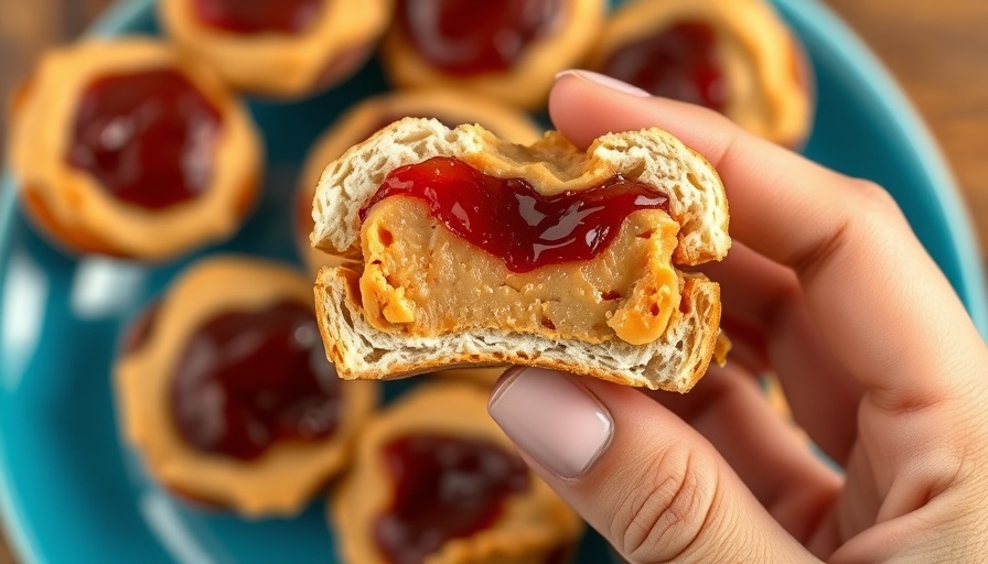 Close-up of healthy peanut butter and jelly bites with layered interior.