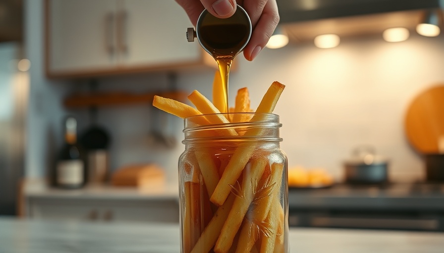 Hand pouring liquid over sliced fries in a jar for fermenting.