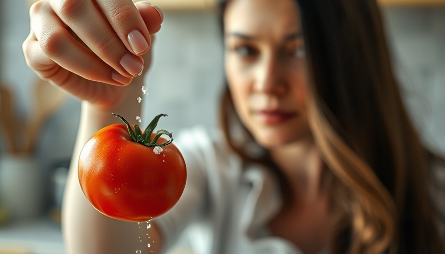 Close-up of tomato with salt, woman in foreground, eating salt with tomato.