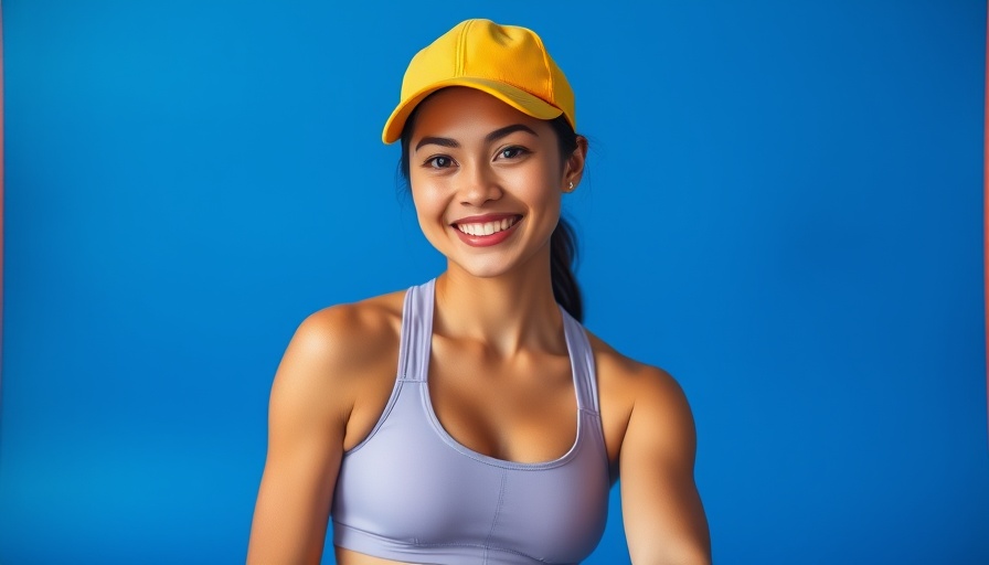Confident athletic woman in a yellow cap, vibrant workout scene.