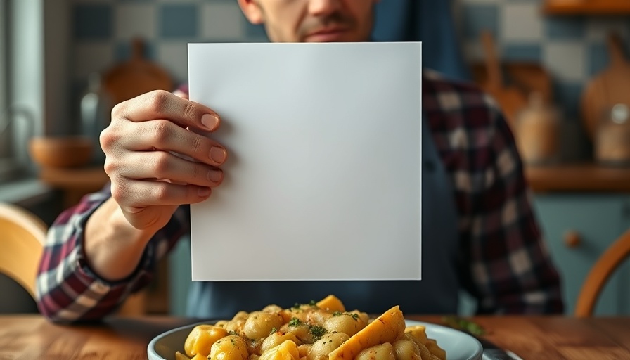 Healthy potato gnocchi recipe with thoughtful man holding note.