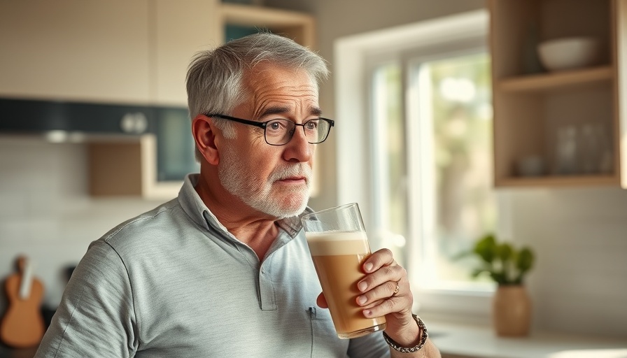 Older man enjoys protein shake at home, showcasing health benefits of protein.