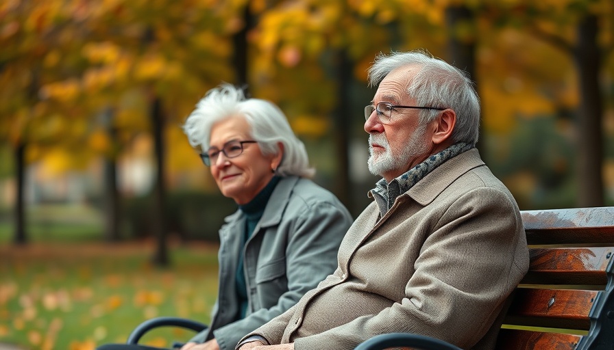 Elderly couple in autumn park reflecting on heart health risks.