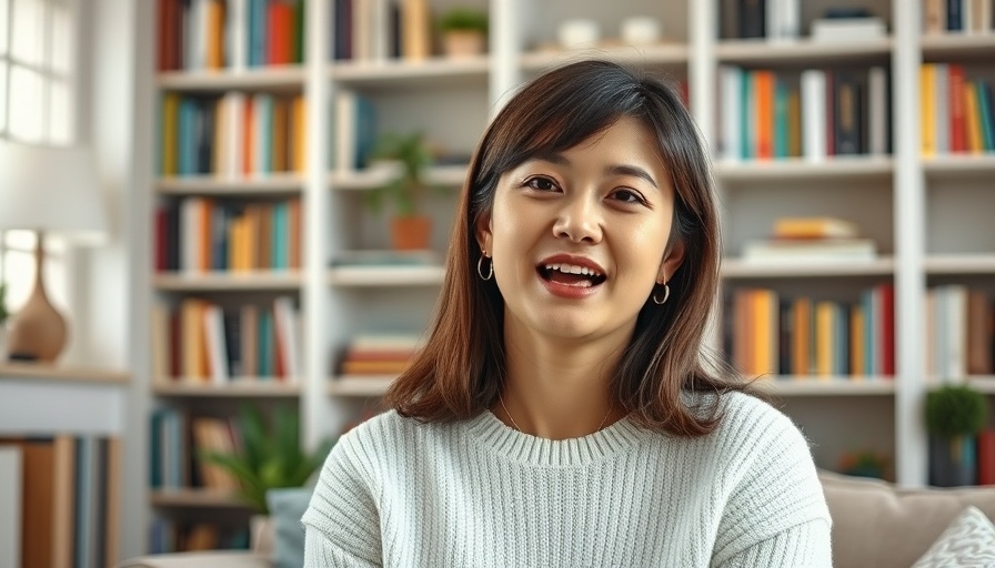 Young woman discussing Gratitude Body Scan in a cozy room with books.