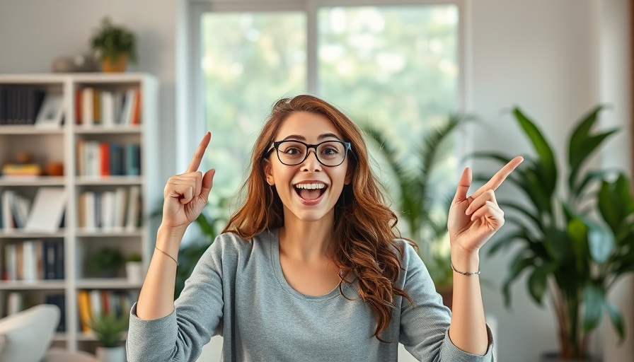 Enthusiastic woman indoors indicating mindset shift for weight loss.