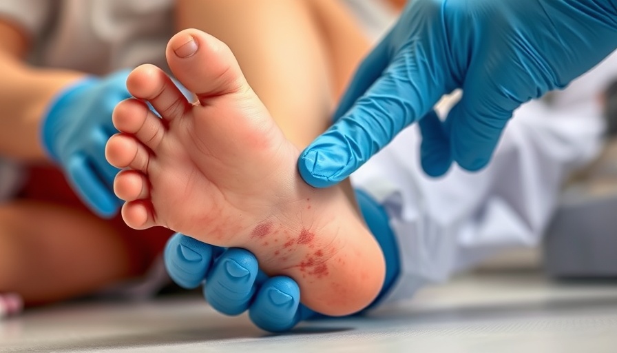 Healthcare professional examines child's foot with measles rash, emphasizing vaccination importance.