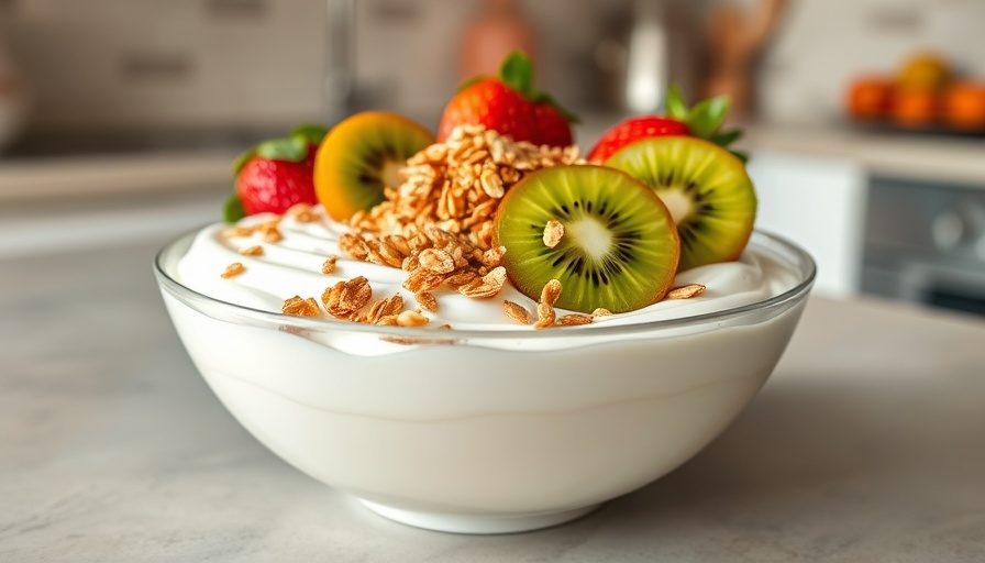 Healthy snacks: yogurt with granola, kiwi, and strawberries.