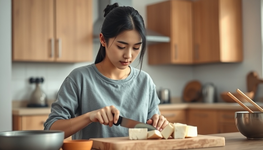 Woman slicing tofu in a modern kitchen for chicken tofu meatballs.