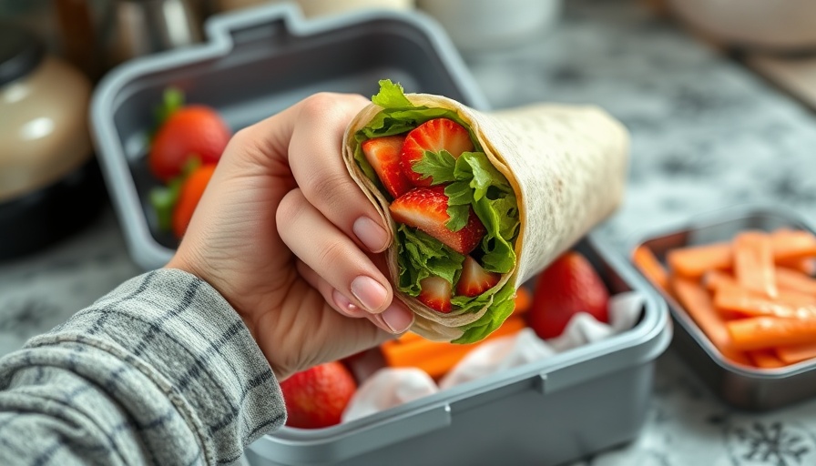 Hand holding a wrap with text expressing concern over deli meats, in a lunchbox with fresh fruits and veggies.