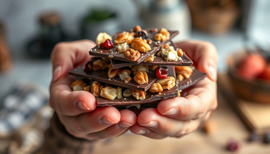 Close-up of a healthy snack with chocolate, nuts, and dried fruit.