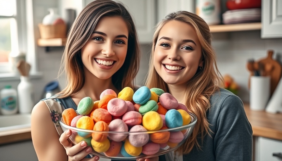 Young woman smiling near dish of colorful Tide Pods in kitchen.