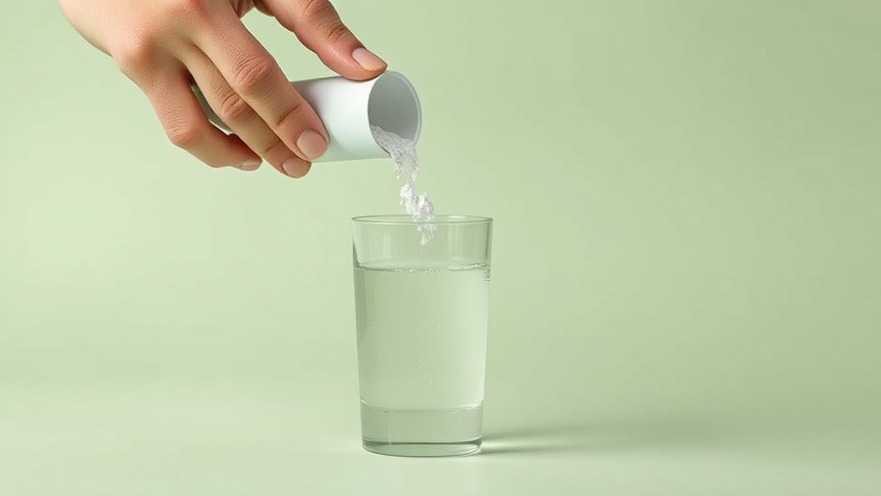 Hand pouring collagen powder into water, showcasing collagen benefits in a serene setting.