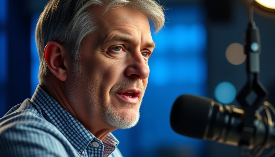 Middle-aged speaker on health radio discussing oral inflammation and systemic health.