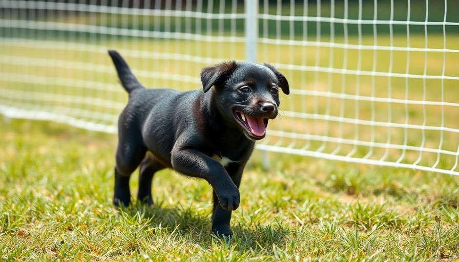 Black puppy running near temporary dog fencing solutions on grass.