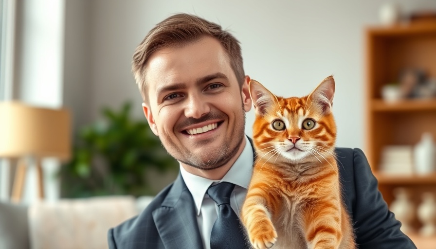 Professional portrait of a man and an energetic ginger cat indoors advocating for the California Cat Declawing Ban.