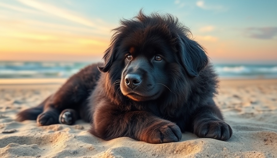 Fluffy black dog relaxed on beach, serene ocean sunset.