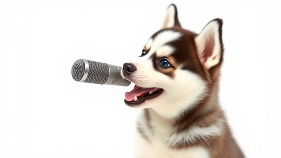 Husky puppy playing with microphone for pet podcast.
