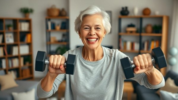 Senior woman doing at-home workouts for healthy aging.