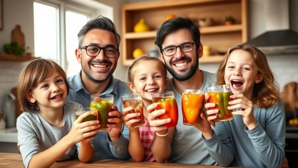 Family making household vegetable-friendly in kitchen setting.