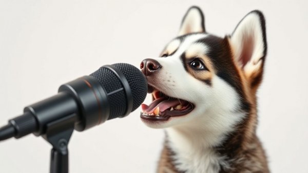 Playful Siberian husky with microphone, start a successful podcast inspiration.
