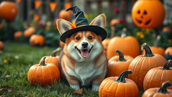 Dog-friendly Halloween party with corgi in witch hat.
