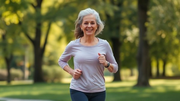 Middle-aged woman jogging outdoors in a lush park, outdoor fitness.