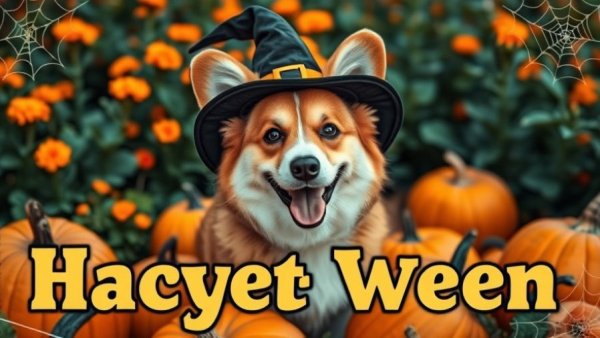Dog friendly Halloween party with corgi in witch hat and pumpkins.