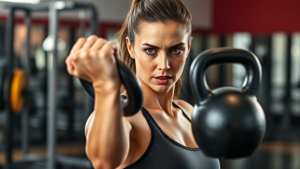 Athletic woman lifting kettlebell in gym for effective muscle building.