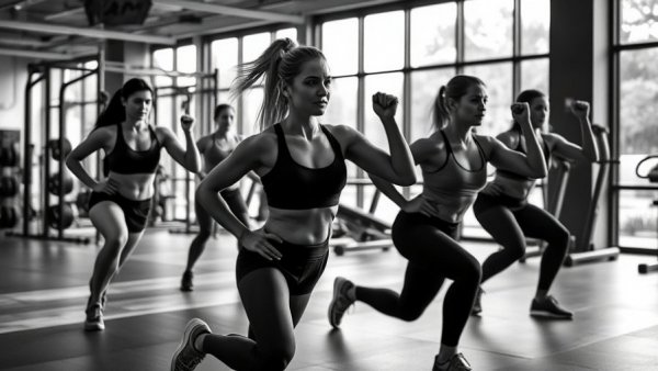 People performing bodyweight glute workout in modern gym.