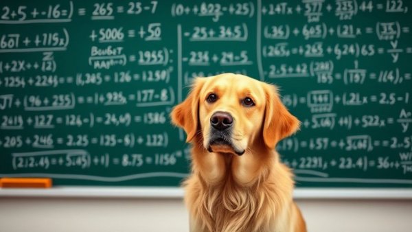 Golden retriever with math equations, showcasing canine intelligence rankings.