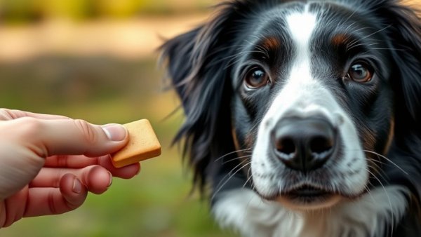 Dog taking a Tums tablet from a hand outdoors.
