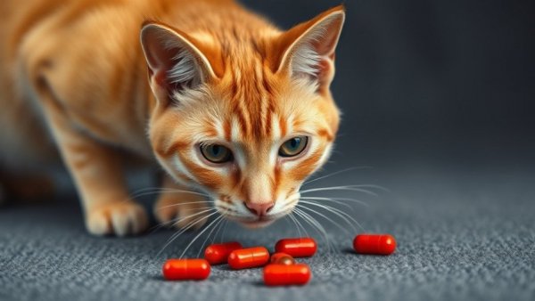 Orange cat and red pills, related to Serotonin Syndrome in Pets.