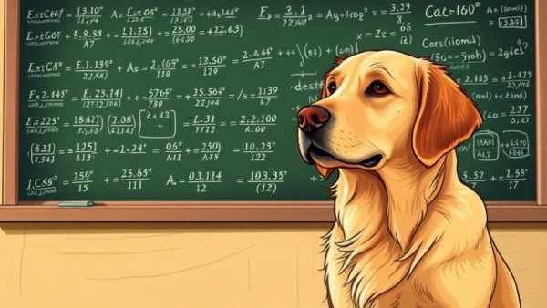Golden retriever with mathematical equations on blackboard, portraying dog intelligence rankings.