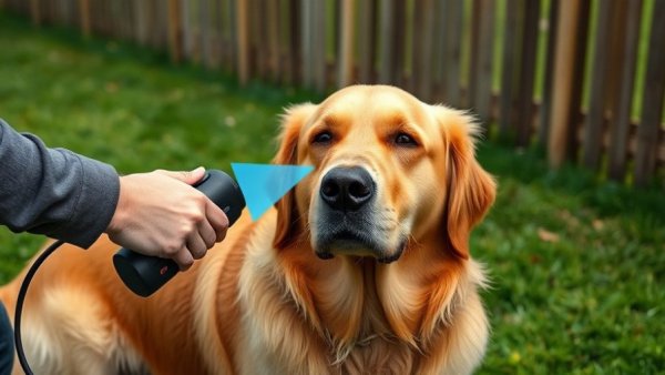 Golden retriever getting cold laser therapy outdoors.