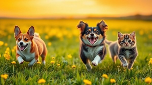 Happy pets running in a field at sunset, symbolizing detoxification in pet healing.