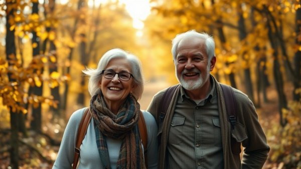 Older couple enjoying outdoor activities in nature, boosting mental health.