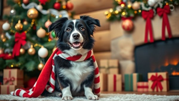 Black and white dog by Christmas tree with ornaments and ribbons, Positive Reinforcement Dog Training.