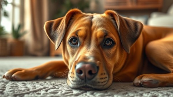 Gentle-eyed brown rescue dog resting indoors, inspiring stories of rescue dogs.