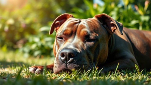 Calm Pitbull relaxing on grass, Best Dry Dog Food for Pitbulls.