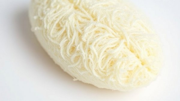 Natural loofah sponge with fibrous texture on a white background.