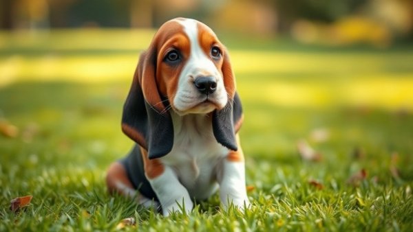 Basset Hound puppy on grass, related to best dry dog food for Basset Hounds.