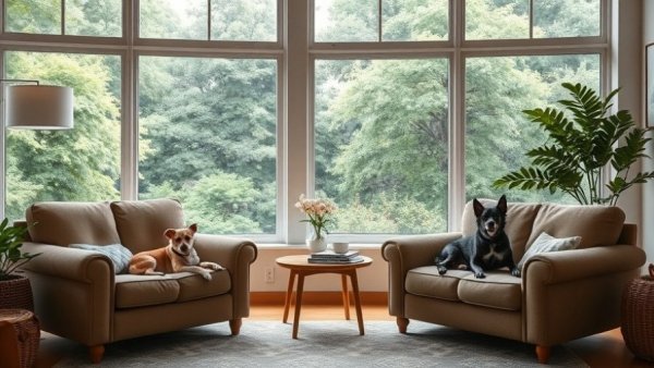 Dogs in a living room with potential toxic plants for pets.