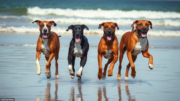 Great Danes running joyfully on a beach related to discospondylitis in dogs.