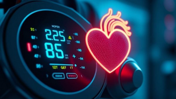 Blood pressure monitor with high readings and holographic heart, related to chronic pain and hypertension.