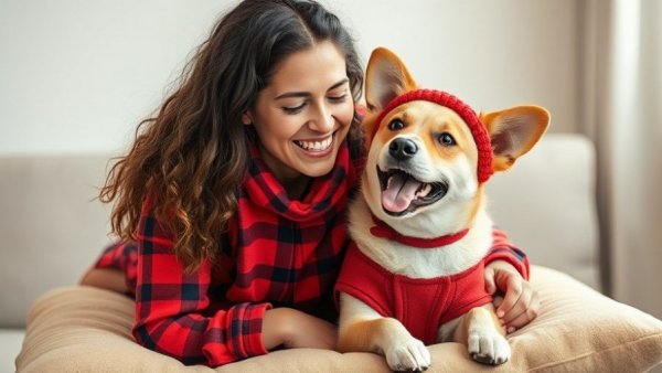 Joyful woman and dog in matching plaid outfits, bonding indoors.