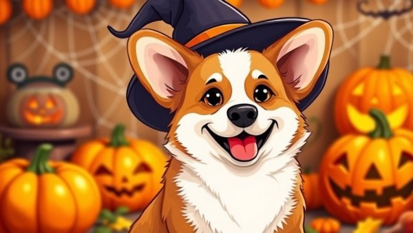 Corgi in witch hat at a dog friendly Halloween party with pumpkins.
