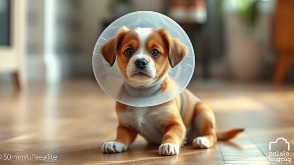 Small dog in recovery cone indoors after spaying or neutering.